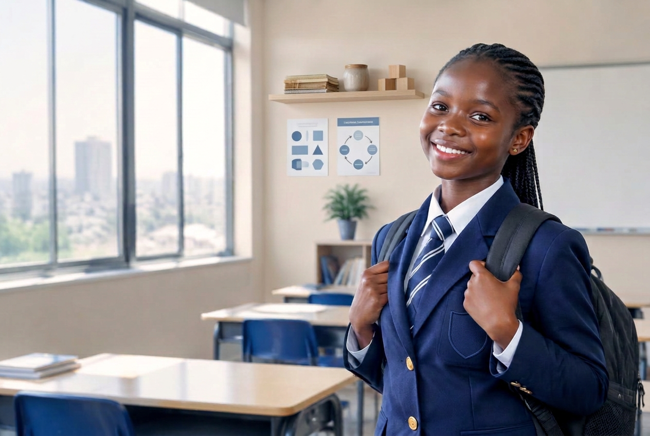 Élève souriante en uniforme dans une salle de classe